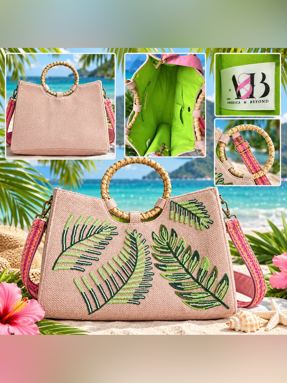 America & Beyond Palm Beach Pink Beaded Tropical Leaf Beach Tote